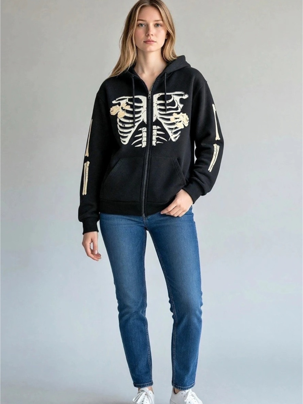Skeleton Graphic Zip Hoodie in Black & White Like New